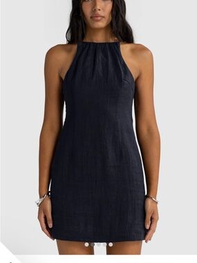 ORTC Navy Linen Halter Mini Dress Tie Back Coastal Minimalist